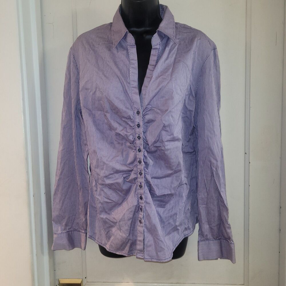 New York & Company Stretch Striped Ruched Button-Down Shirt Size XL